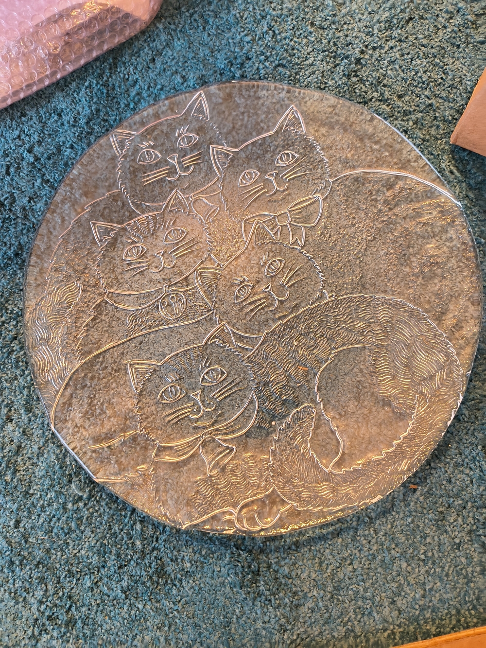 Clear Glass Cat Platter - Etched Kitty Design
